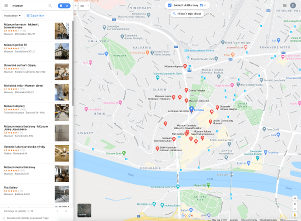 Funkcia okolie a vyhľadanie múzeií v Google Maps