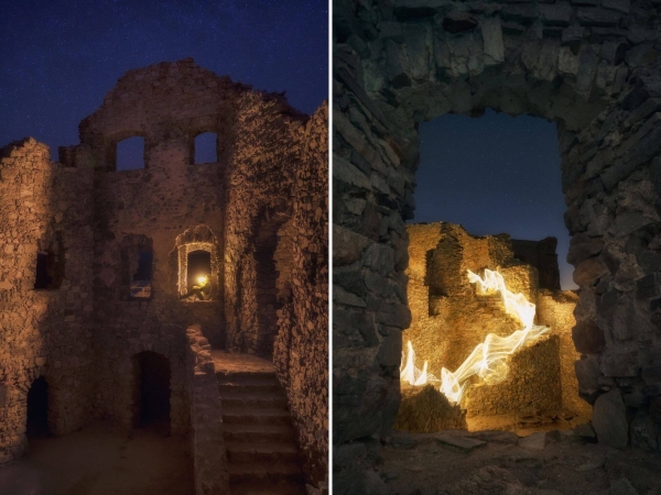 Astrofotografia a hra so svetlom na zrúcanine hradu Hrušov.