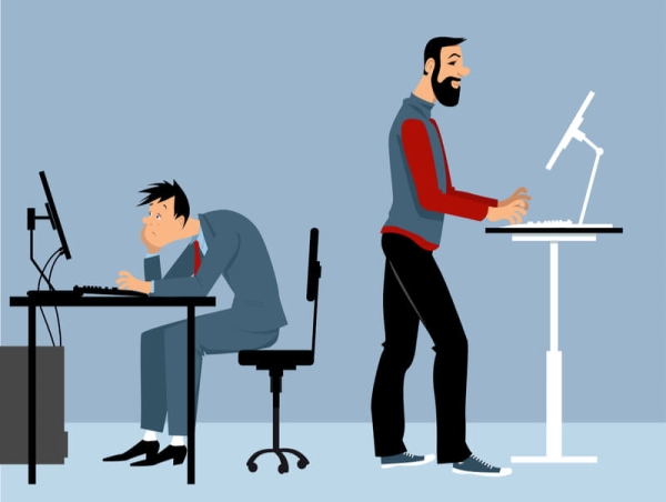 Ilustrácia zhrbeného muža sediaceho pri počítači a muža pracujúceho postojačky.