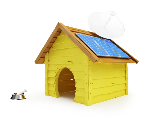 Psí dom so solárnymi panelmi a anténa na bielom pozadí - ilustrácia