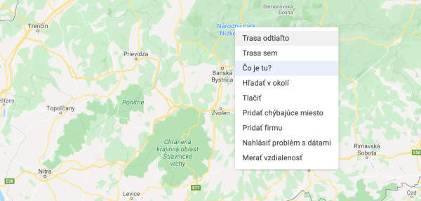 Možnosti v Google Maps po kliknutí pravým tlačidlom