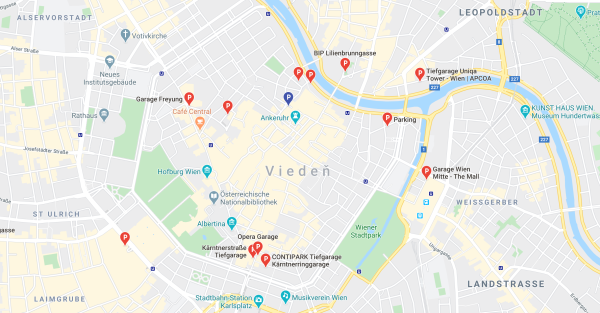 Ukážka parkovania vo Viedni v Google Maps