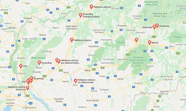 Nabíjacie stanice elektromobilov na Slovensku v Google Maps
