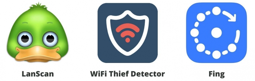 Logá aplikácií LanScan, WiFi Thief Detector a Fing.