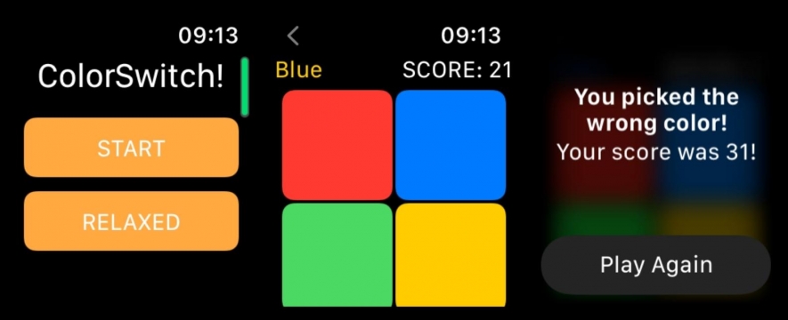 Hra Color Switch na Apple Watch.