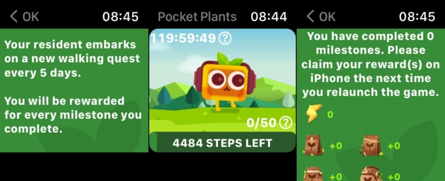 Hra Pocket Plants na Apple Watch.