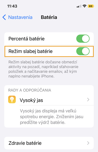 Nastavenie režimu slabej batérie v iOS 16