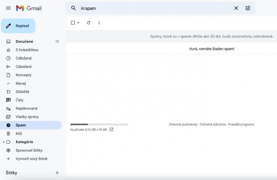 Priečinok spam v emailovej schránke Gmail.