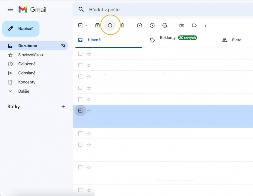 Nahlásenie emailu ako spam v službe Gmail.