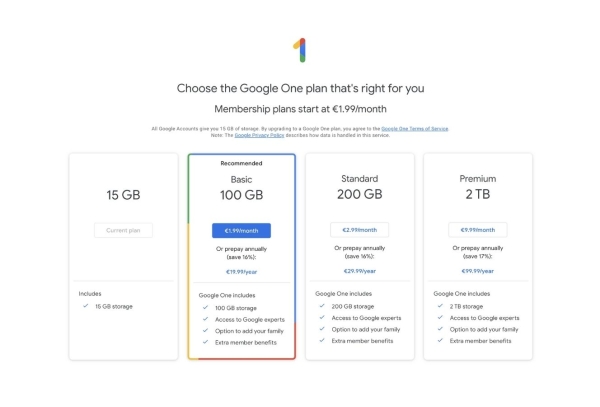 Platené plány pre úložisko účtov Google.