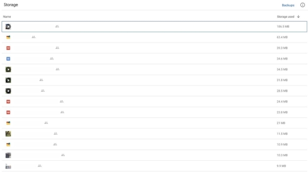 Zoznam súborov na Google Drive zoradených podľa veľkosti.
