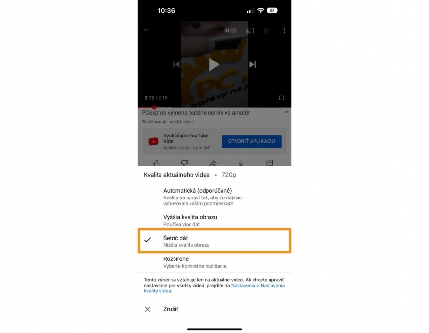 Nastavenie nižšej kvality obrazu YouTube videa.